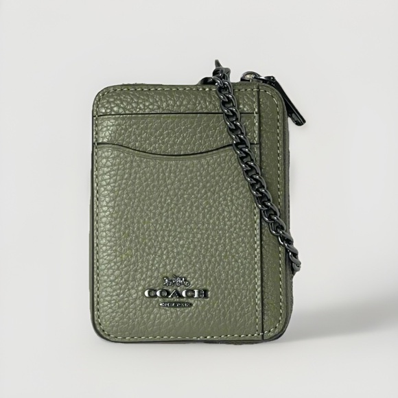 NWT COACH Zip Card Case 6303 Refined Pebble Leather Military Green AUTHENTIC - Picture 1 of 3